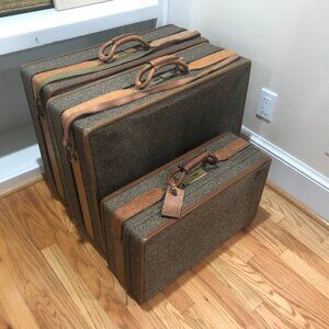 VINTAGE Hartman 3 Piece Leather Belted Tweed Luggage Suitcases with Locks
